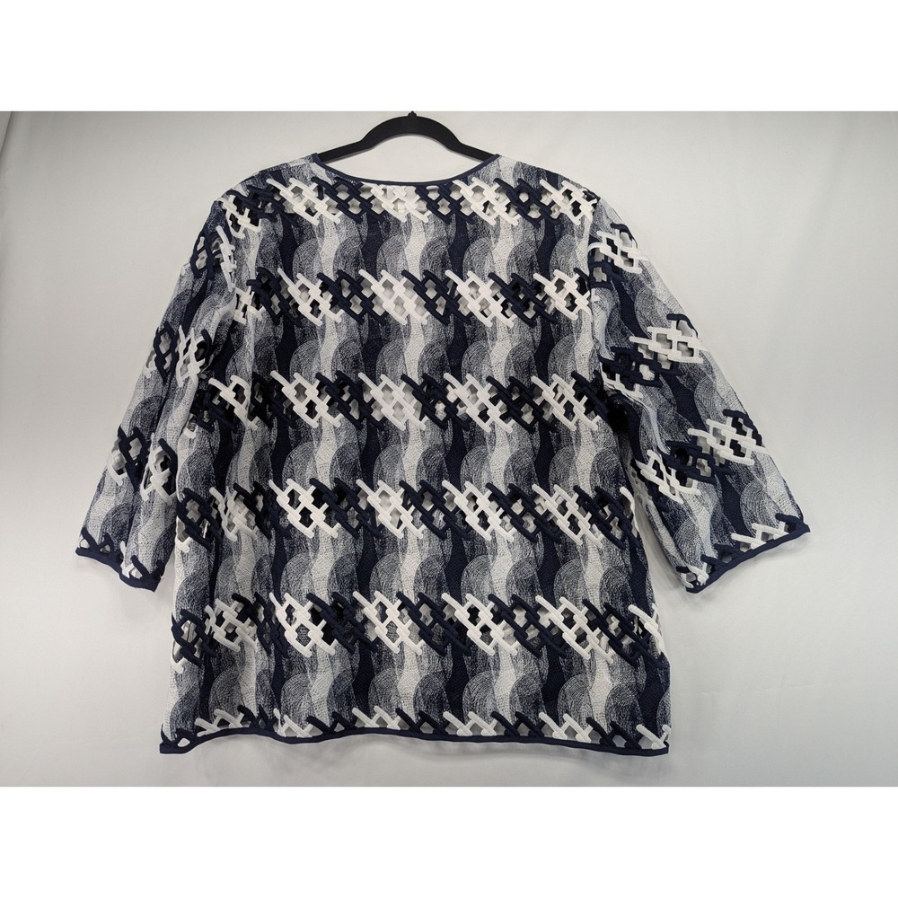 Alfred Dunner Navy White Geometric Lattice Open Front Jacket XL 3/4 Sleeve - Picture 2 of 9